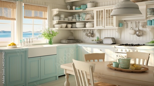 Coastal cottage kitchen with beadboard cabinets and a breezy, relaxed vibe