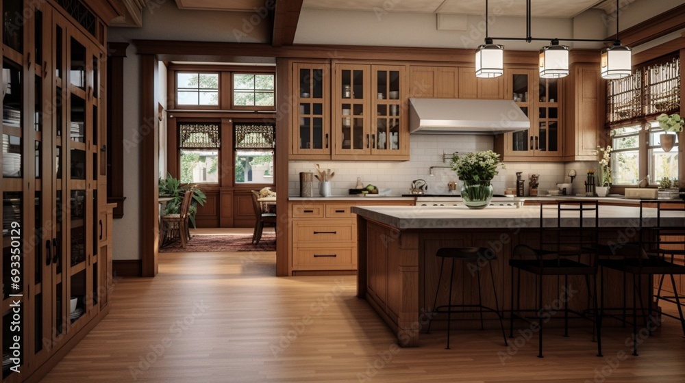 Craftsman-style kitchen with custom woodwork and stained glass details