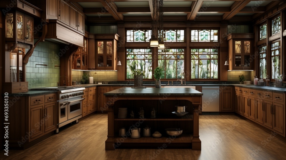 Craftsman-style kitchen with custom woodwork and stained glass details
