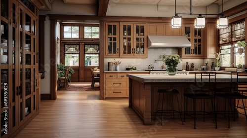 Craftsman-style kitchen with custom woodwork and stained glass details