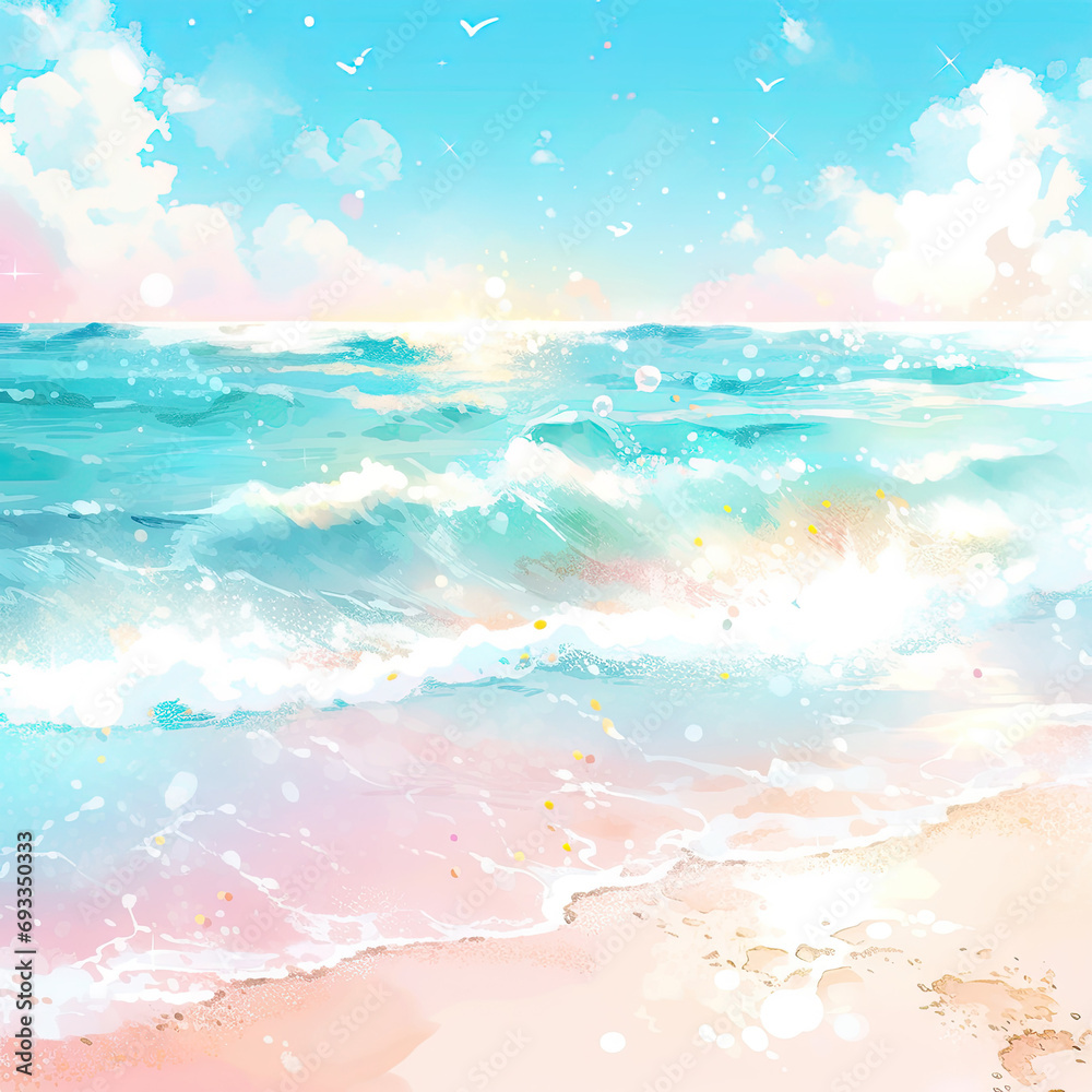 Watercolor blue sea and beach with sparkling light in summer background