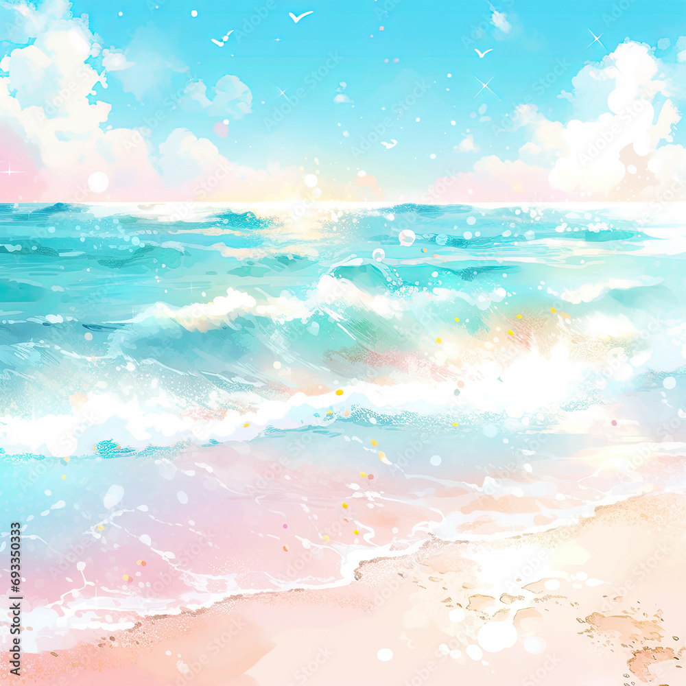 Watercolor blue sea and beach with sparkling light in summer background Watercolor blue sea and beach with sparkling light in summer background