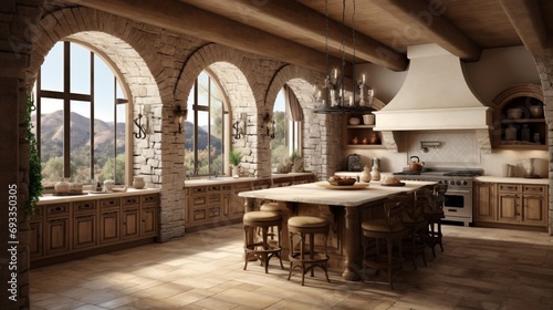 Mediterranean villa kitchen with arched doorways and rustic stone accents