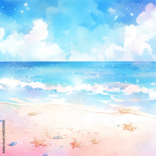 Watercolor blue sea and beach with sparkling light in summer background