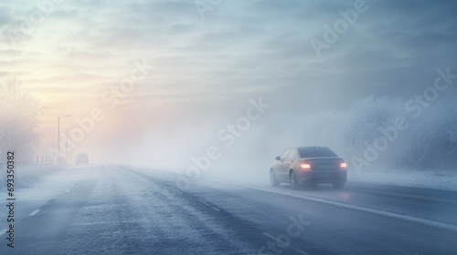 A car is driving on a snowy road. Suitable for winter travel or transportation concepts