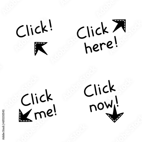 Doodle click here button. Mouse cursor for website or computer application, hand drawn vector arrow pointer