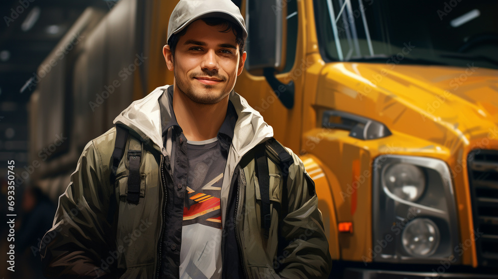 Portrait of young man standing by his truck. Professional truck driver standing by semi truck vehicle. Portrait of young man standing by his truck. Professional truck driver standing by semi truck vehicle.