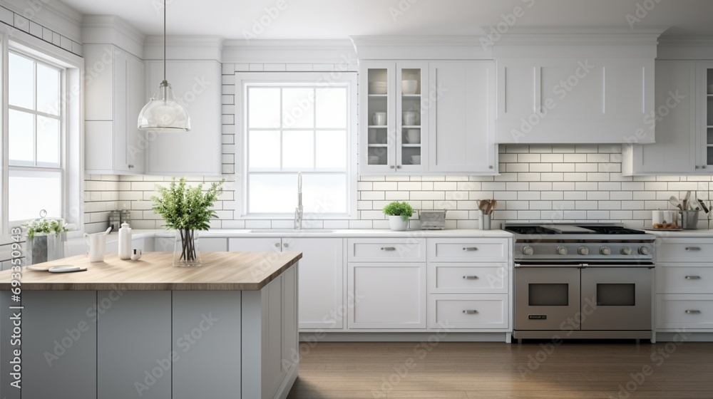 Timeless kitchen with white shaker cabinets and subway tile backsplash ...