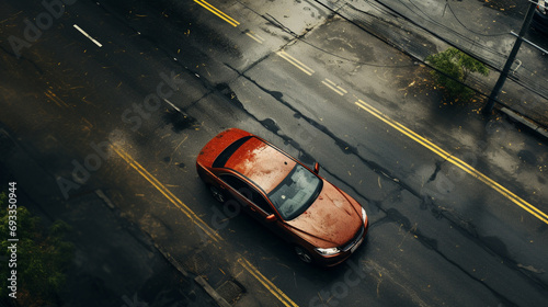 Aerial. A car with road top view