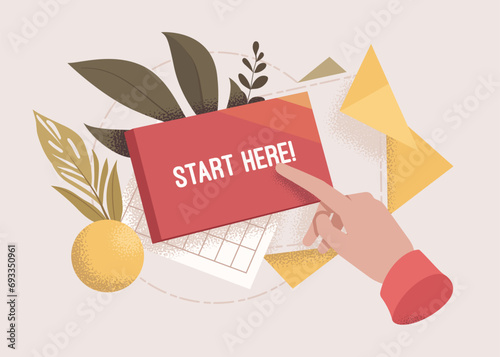Start here red button, hand finger point sign. Press action to begin, search for information, electronic interface option, business starting. Vector illustration, schedule, botanical leaf background