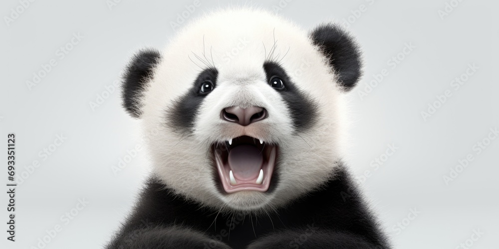 Close-up view of a panda bear with its mouth wide open. This image can be used to depict the unique features and expressions of panda bears. Close-up view of a panda bear with its mouth wide open. This image can be used to depict the unique features and expressions of panda bears.
