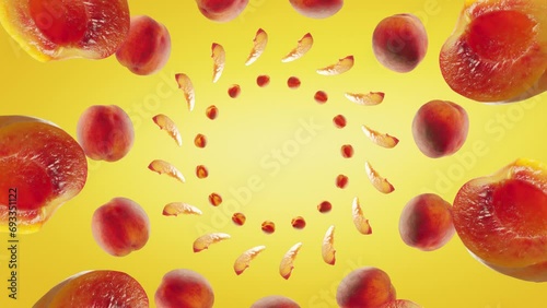 Flying Peach and Peaches slices in Yellow Background