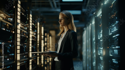  Big Data Center Female Chief Technology Officer Using Laptop Standing In Warehouse. SAAS, Cloud Computing, Web Service, Activates Servers, Information Digitalization Starts.