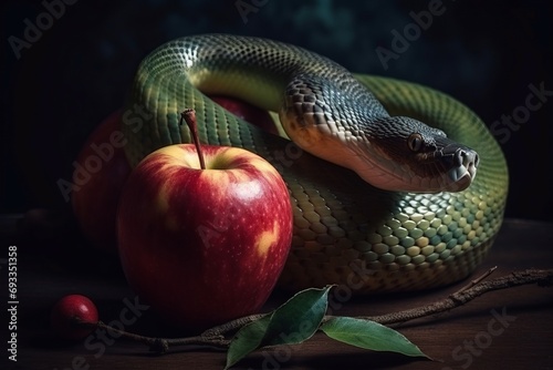 Snake alluring apple fruit sin. Ancient paradise tempting devil with forbidden fruit. Generate ai photo