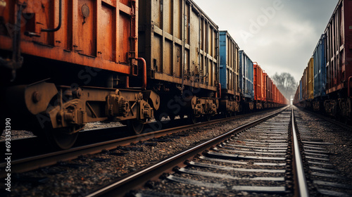 Train moves by rail, delivery of goods by freight train. Train carriages at the station photo