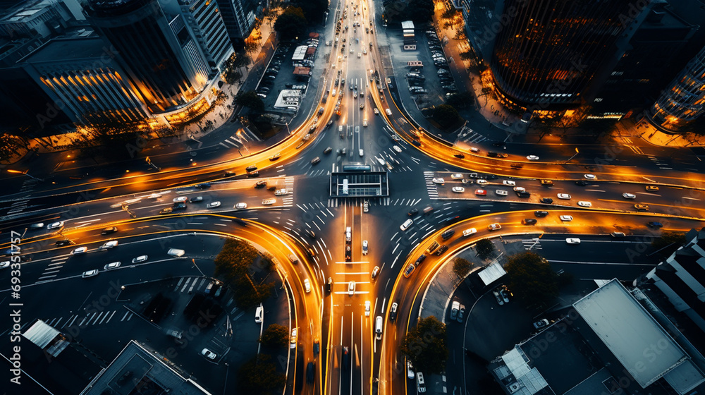 Aerial drone photo of multilevel bridge highway road interchange passing near urban residential area during rush hour - obrazy, fototapety, plakaty 