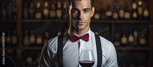 Handsome young sommelier sampling red wine in cellar. photo