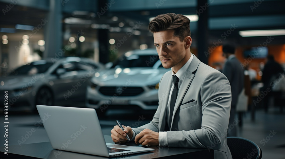 car seller in suit in car salon. car seller in suit in car salon.