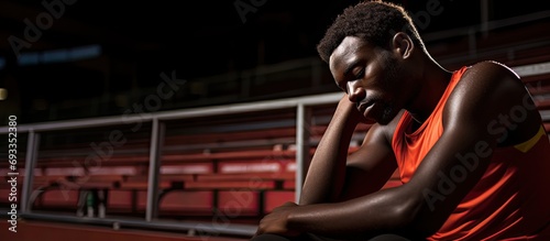 Fatigued African athlete resting on running track