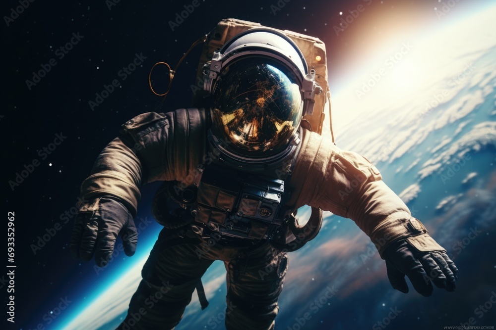 A man in a space suit floating in the vastness of space. Perfect for science fiction themes or educational materials on space exploration