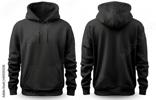 Blank black hoodie in front and back view, mockup, white background, Generative AI