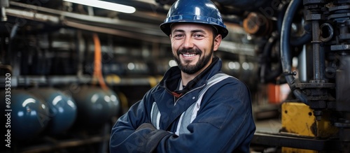 Skilled worker in uniform, helmet, and gear working at oil station, inspector with equipment smiling during offshore maintenance