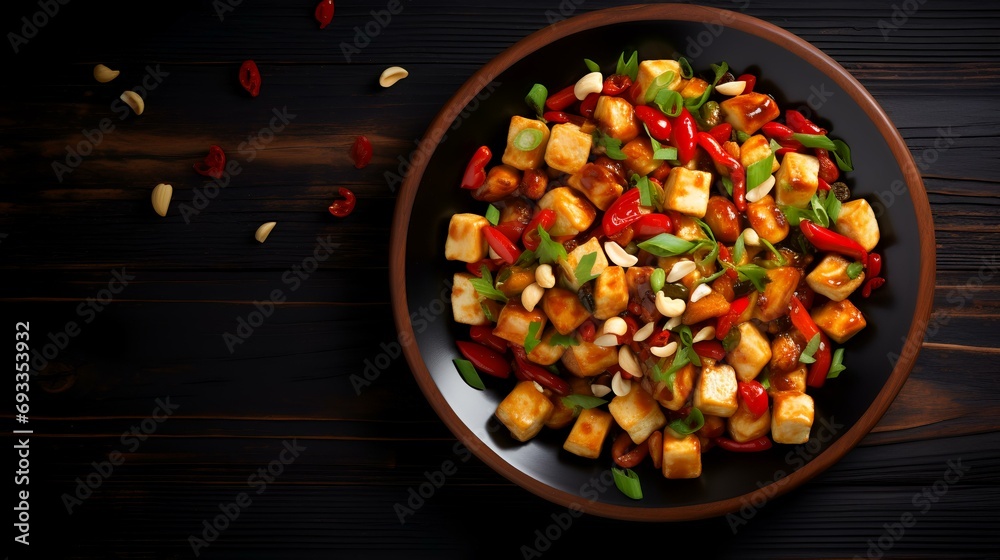 Stir fried tofu with chili pepper and sesame seeds on black wooden background Stir fried tofu with chili pepper and sesame seeds on black wooden background