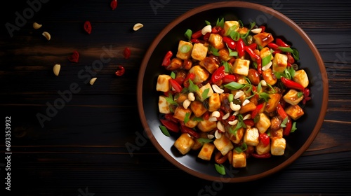 Stir fried tofu with chili pepper and sesame seeds on black wooden background