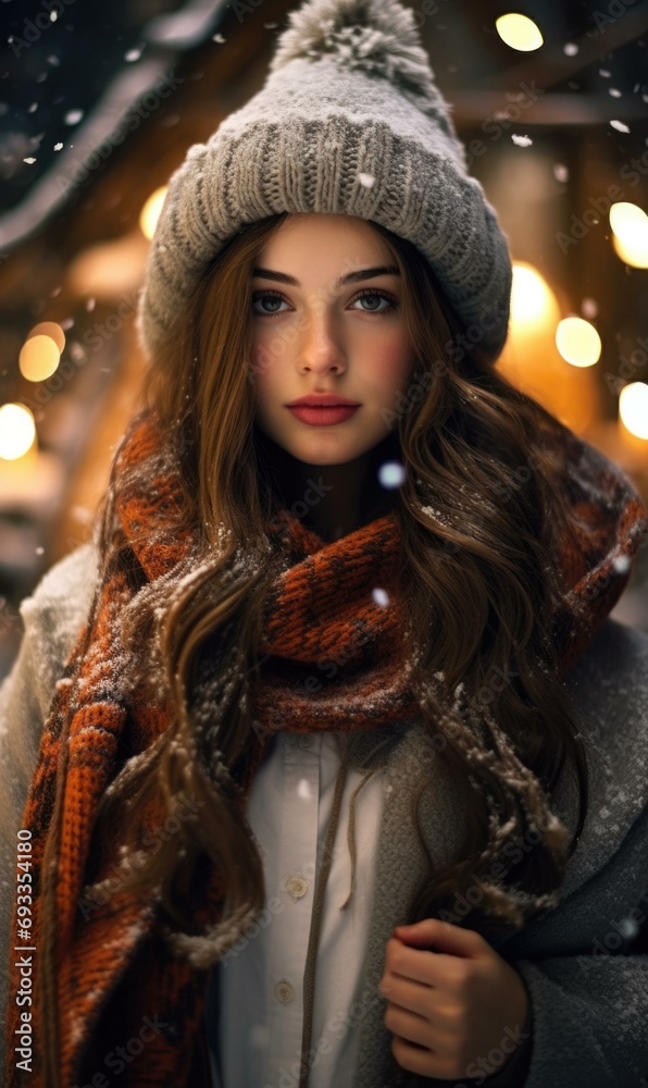 Beautiful girl in winter hat and scarf. Generative AI. Beautiful girl in winter hat and scarf. Generative AI.