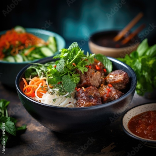 A delicious bowl of meat and vegetable with sauce and chopsticks. Generative AI.