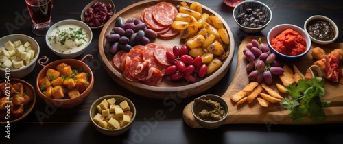 A mouthwatering assortment of Spanish tapas, including patatas bravas, , garlic shrimp, marinated olives, and  cheese, beautifully presented on wooden boards and plates. Generative AI.