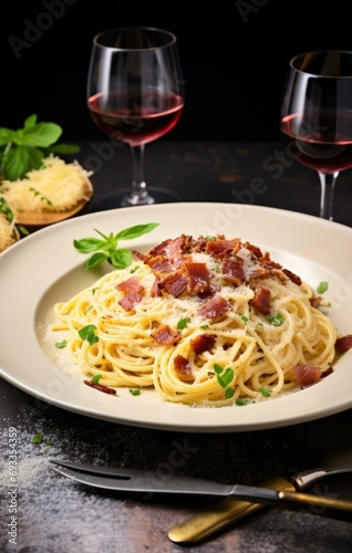 Delicious homemade spaghetti carbonara with , creamy sauce, and cheese. Perfectly paired with a glass of red wine. Generative AI.