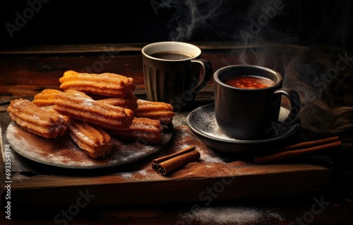 Golden, crispy churros with cinnamon sugar served on a rustic wooden board, accompanied by hot chocolate sauce. Generative AI.