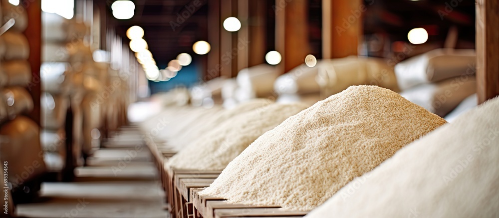 Rice, groats, and flour are processed in a warehouse factory for delivery to consumers. - obrazy, fototapety, plakaty 