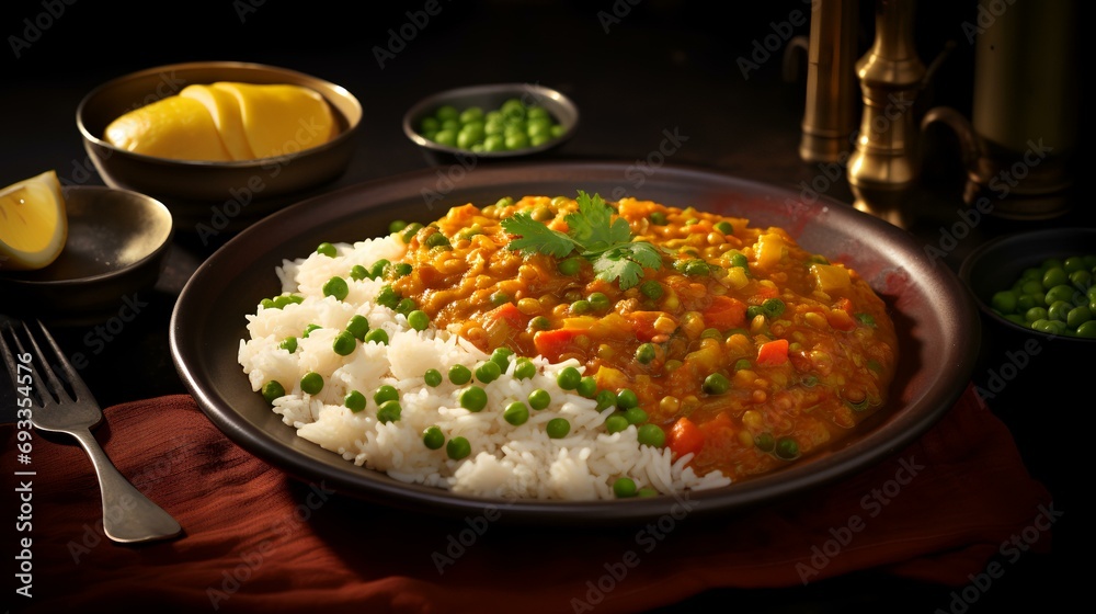 Rice with curry and vegetables on a dark background. Selective focus. Rice with curry and vegetables on a dark background. Selective focus.