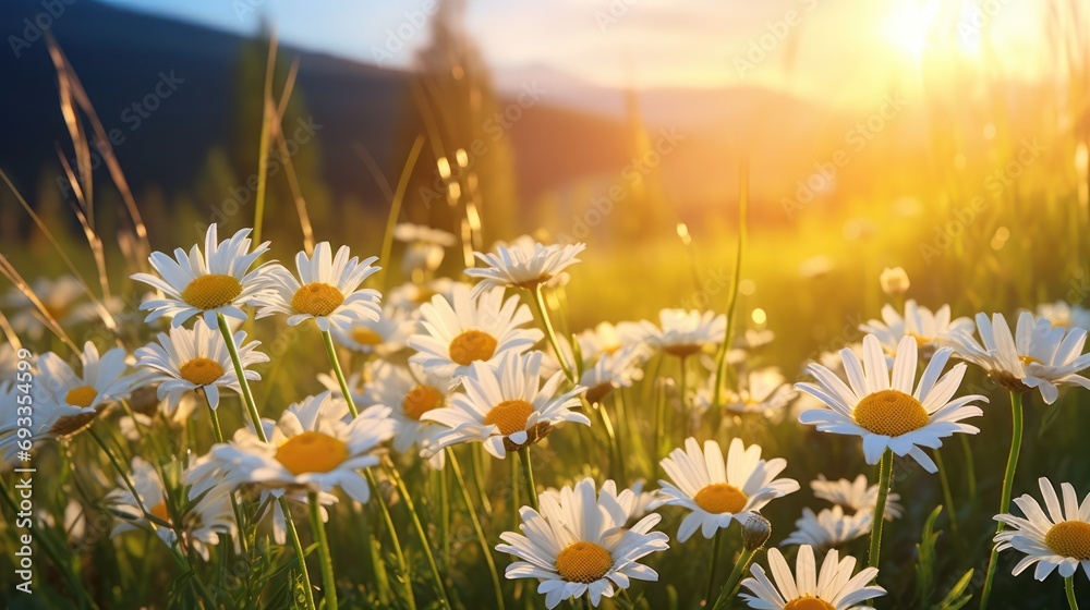 Beautiful summer nature background with white and yellow daisies in the meadow