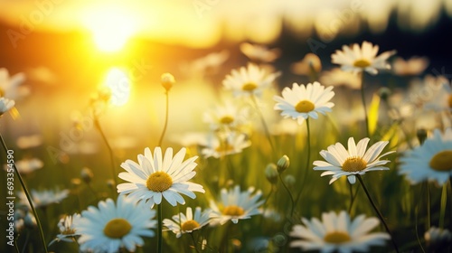 Beautiful summer nature background with white and yellow daisies in the meadow © venusvi