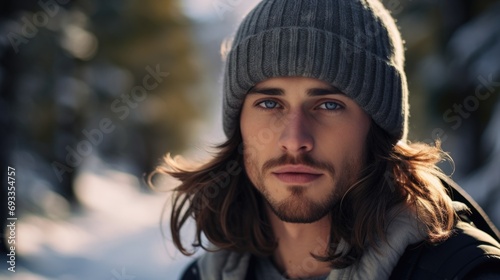 A man with long hair wearing a hat. Suitable for fashion or outdoor lifestyle themes
