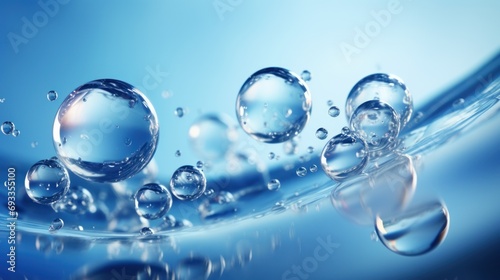 Cosmetics, liquid soap bubbles, molecules inside Liquid Bubble on water background