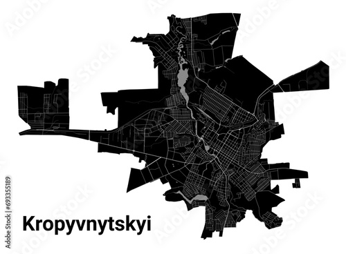 Kropyvnytskyi city map, Ukraine. Municipal administrative borders, black and white area map with rivers and roads, parks and railways.