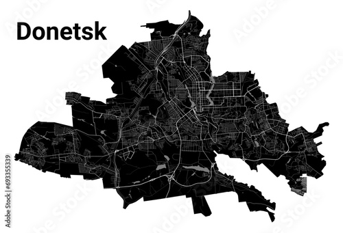 Donetsk city map, Ukraine. Municipal administrative borders, black and white area map with rivers and roads, parks and railways. photo