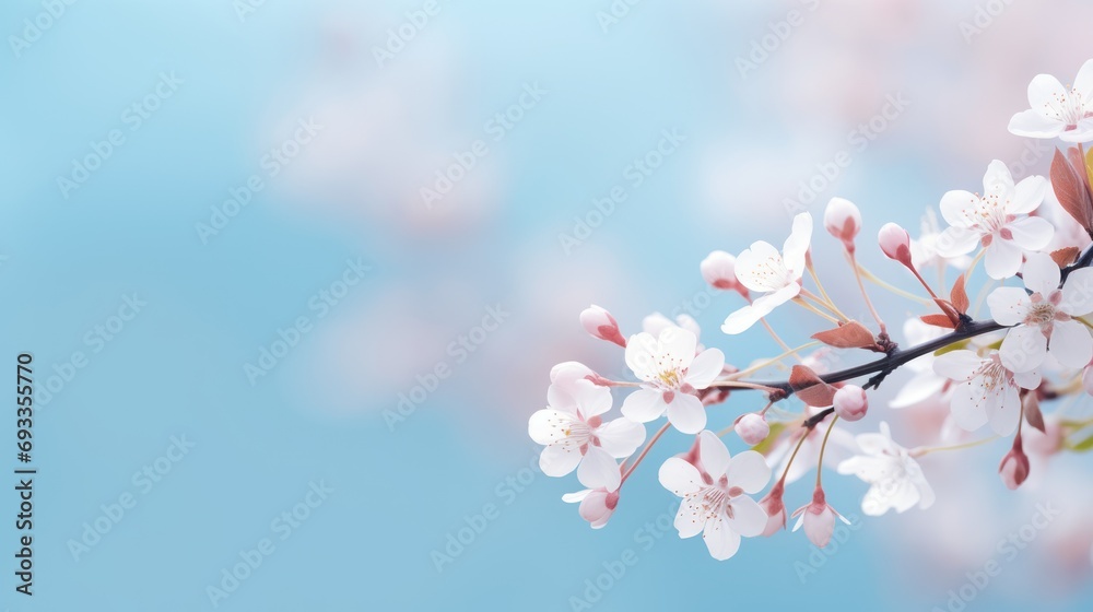 small white flowers Color tones on a soft blue and gentle pink background outdoors,