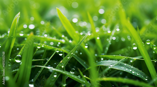Drops or dewdrops on green grass spring background