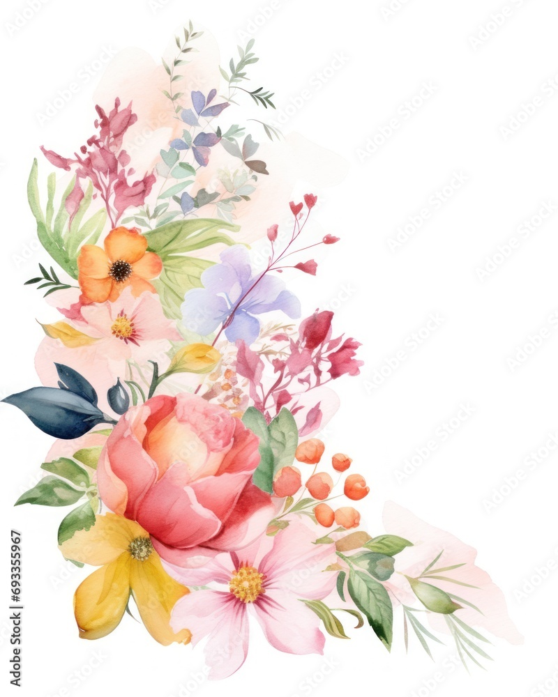 Watercolor illustration, flower and leaf composition, frame, pattern, bouquet for greeting card. Watercolor illustration, flower and leaf composition, frame, pattern, bouquet for greeting card.