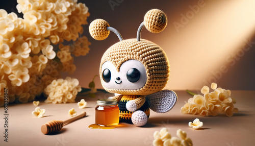 Cute Crochet Bee with a Jar of Honey