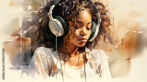 Watercolor illustration of black girl listening to music with a pair of headphones.