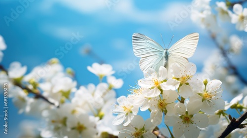 white flower with yellow stamens and butterfly In nature macro on the background of the blue sky with beautiful bokeh. © venusvi