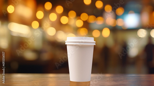 A paper cup of coffee on the background of a cafe