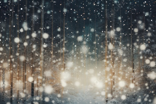 abstract winter forest with blurred lights in snow 