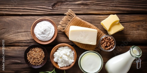 Various dairy products on a wooden table, including curd, milk, yogurt, cheese, and eggs. Organic farmer's food seen from above.